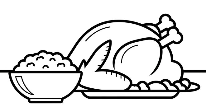 Illustration of a thanksgiving turkey on a platter with a bowl of stuffing in black and white line art