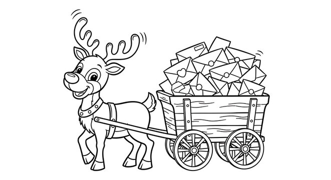 A cartoon reindeer pulling a wooden cart filled with many letters in a black and white illustration - Powered by Adobe