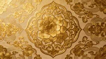 Golden ornamental floral pattern with intricate mandala design on a textured background