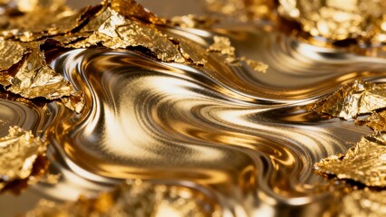Golden liquid metal with flowing texture and reflective surface, surrounded by gold leaf fragments