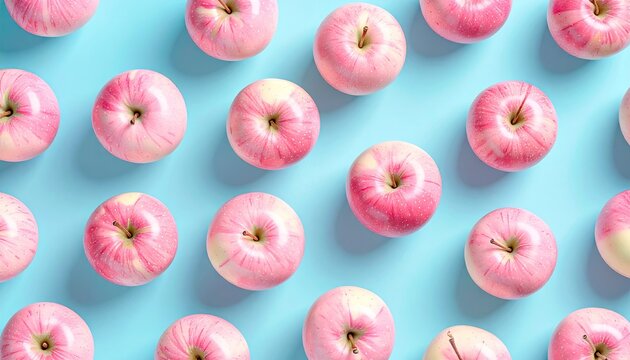 Pink apples pattern on cyan backdrop, top view, flat lay