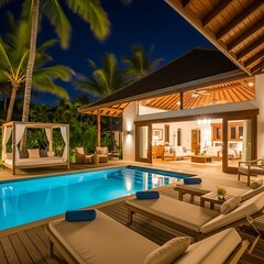 Fototapeta premium Luxury villa with swimming pool at night, tropical vacation.