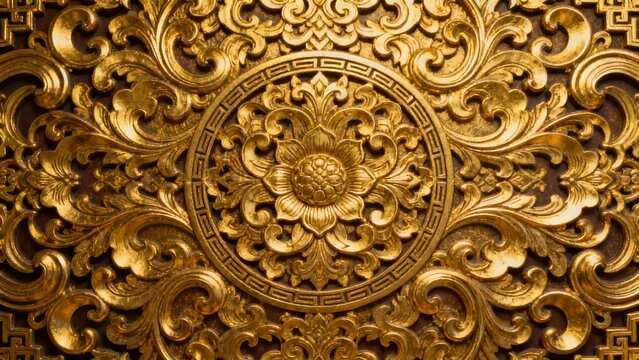 Intricate golden ornamental carving with floral and scroll patterns