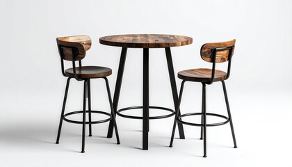 Rustic bar table with two chairs against white backdrop