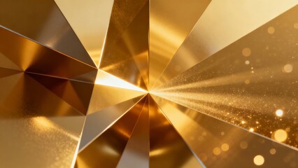 Abstract golden geometric pattern with radiant light effects and reflective surfaces