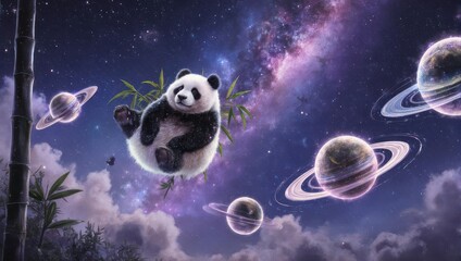 Chubby Panda Floating in a Dreamy Cosmic Landscape with Planets and Stars.