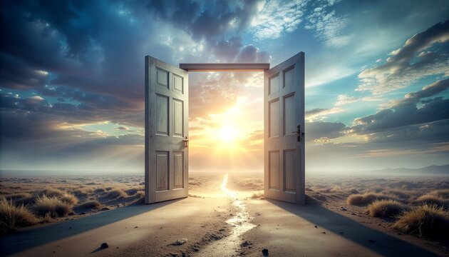 荒野に開かれた扉と差し込む朝日