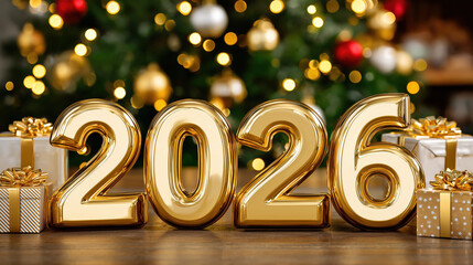 Golden 2026 holiday numbers with festive gifts in front of a glowing Christmas tree