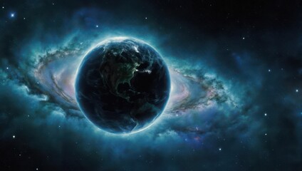 Obraz premium Celestial planet glowing with a vibrant blue aura in a distant galaxy.