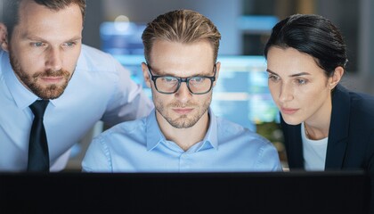 Concentrated Business Professionals: A group of focused professionals huddle intently around a computer screen. Deep concentration, collaboration, and a dedication to innovation.