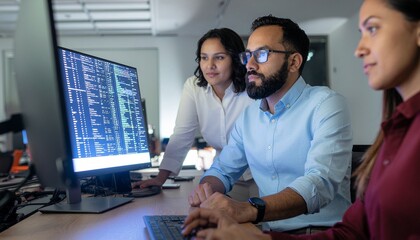 Navigating Code: A team of IT specialists collaborating on a complex coding project, their focus illuminated by the glow of computer screens, deep in the world of data and innovation.
