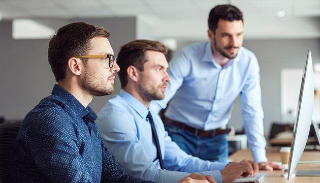 Focused collaboration on project: Three professionals engrossed in collaborative work at the office desk, demonstrating deep concentration on the screen. The scene radiates productivity and teamwork