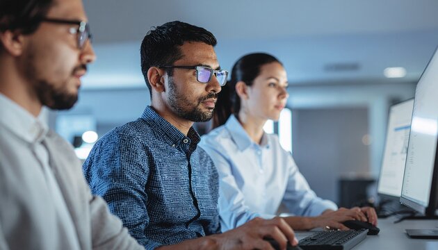 Focused Technicians at Work: A team of attentive technician, immersed in the glow of computer screen, meticulously work on software development, highlighting precision and expertise.
