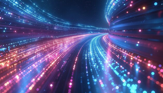 Digital Data Stream: A vibrant, flowing stream of data pulses through a futuristic tunnel, showcasing the fast lane of advanced technology and connectivity.