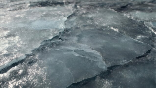 Close up of cracked ice on a frozen body of water.