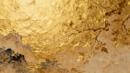 Fototapeta premium Golden textured background with autumn leaves and mountain silhouette
