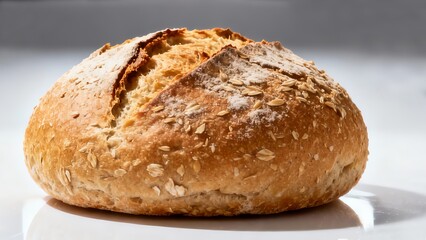 A freshly baked round loaf of bread with a golden crust and oat toppings, displayed on a white surface.