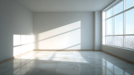 Empty white room with large window and sunlight shadows on marble floor.

