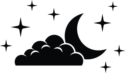 Black crescent moon and clouds with four pointed stars on white background night © Rehana