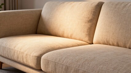 Close-up of a beige fabric sofa with cushioned seat and backrest in a well-lit indoor setting