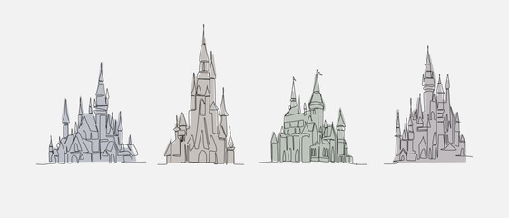 Minimalist Colored Castles. One Line Vector Set