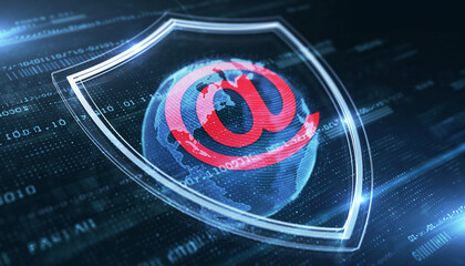 Email Protection: A conceptual graphic showcasing digital email security. A shield encompassing an @ symbol superimposed on a digital globe, symbolizing secure online communication.