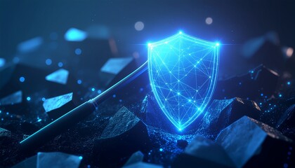 Digital Shield: A futuristic glowing digital shield and sword resting on a rugged surface, a metaphor for cyber security. 