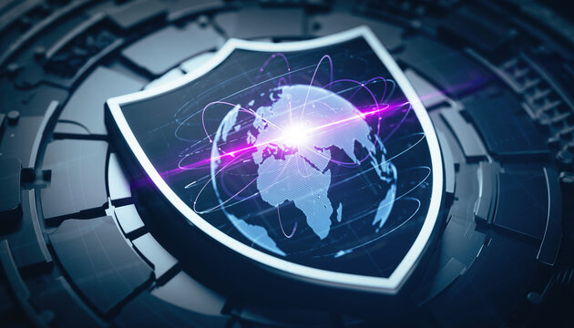 Global Shield: An emblem representing the protection of the world, highlighting safety and digital security, showcasing the strength of data defense and advanced technology.