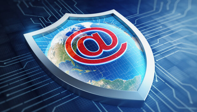 Digital Shield of Security: A conceptual representation of cybersecurity, featuring the globe embraced by a protective shield with an at symbol at the center. - Powered by Adobe