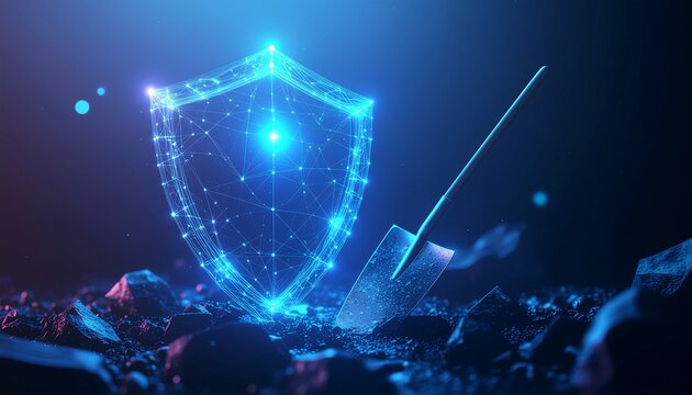 Cybersecurity Shield: A futuristic digital shield glows brightly amidst the rubble, representing robust protection and technological advancement. - Powered by Adobe