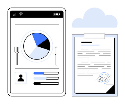 Smartphone screen showing diet tracking data with a pie chart and progress bars. Adjacent clipboard features a signed document. Ideal for health tech, nutrition, contracts, digital storage, data