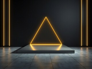 Modern stage with glowing orange triangle and vertical lights