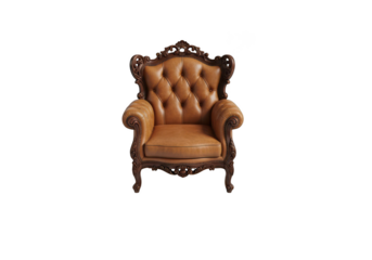 Elegant brown leather armchair with ornate wood trim on a transparent background. Dark wood carved luxury chair