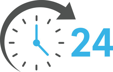 Blue and gray 24 hour clock icon with arrow on white background time symbol