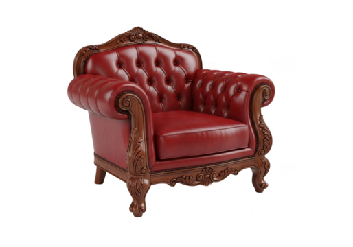 Elegant red leather armchair with carved wooden frame on transparent background. Ornate wooden Chesterfield armchair