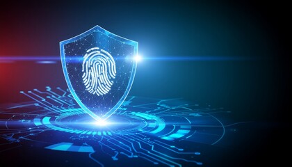 Cyber Shield: A glowing digital shield with a fingerprint at its core, protecting sensitive information within a circuit board, symbolizing security in the digital age.