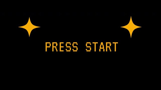 Retro pixel art "Press Start" button animation with sparkling golden stars on black. 4K video animation for video game