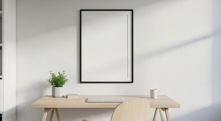 Minimalist workspace with a wooden desk, potted plant, and elegant wall art in a modern interior