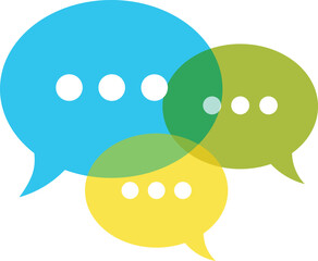 Three overlapping speech bubbles in blue green and yellow chat communication