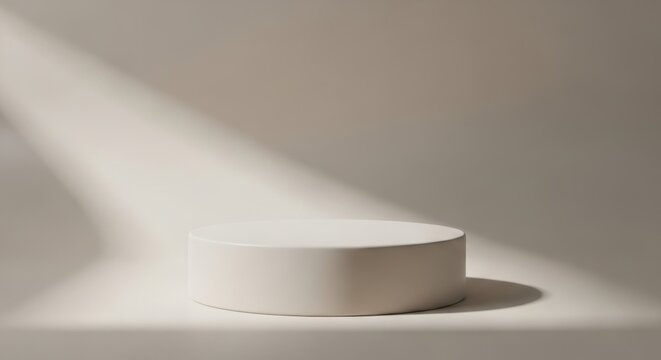 minimalist white cylindrical podium on a neutral background with soft shadows and diffuse lighting