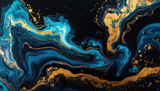 Marbled blue, gold, & black liquid art abstract - Powered by Adobe