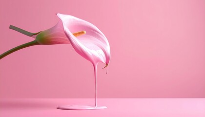 Pink calla lily with pink paint drip on matching background