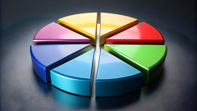 Colorful 3D Pie Chart with Segmented Sections Presentation Graphic Display Visual for Business Report Statistics Analysis Financial Data Diagram Isolated