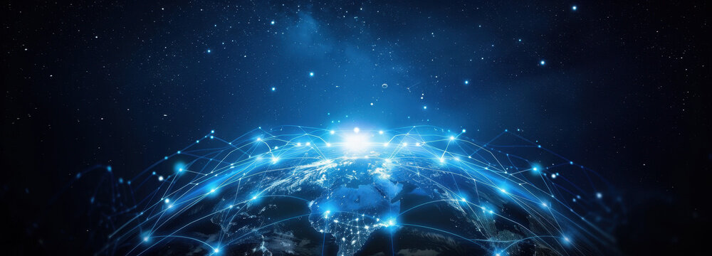 Global Digital Network: A radiant depiction of the digital world, where intricate connections and data streams intertwine across the globe.