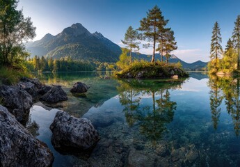 Serene mountain lake with clear water reflecting an island of trees under a blue sky