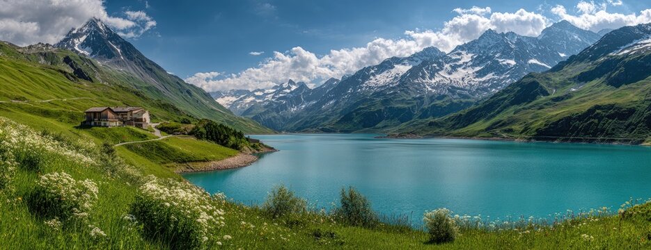Panoramic mountain lake with turquoise water, green meadows, distant snowy peaks, sunny day - Powered by Adobe