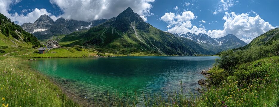 Panoramic view of a vibrant turquoise mountain lake amidst lush green peaks and clouds - Powered by Adobe