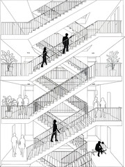 Obraz premium Architectural drawing of a modern building facade with a complex spiral staircase and silhouetted figures ascending and descending