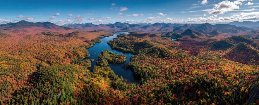 Aerial panorama of vibrant autumn forest, winding lake, and distant mountains under blue sky - Powered by Adobe
