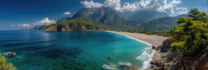 Panoramic view of a stunning turquoise bay, sandy beach, rocky coast, and mountains